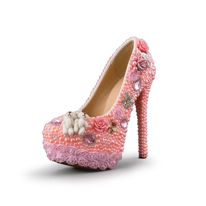 

Wedding High Heel Shoes Gorgeous Design Crystal Bridal Dress Shoes Pink Color Pearl Lace Flower Platform Birthday Party Pumps