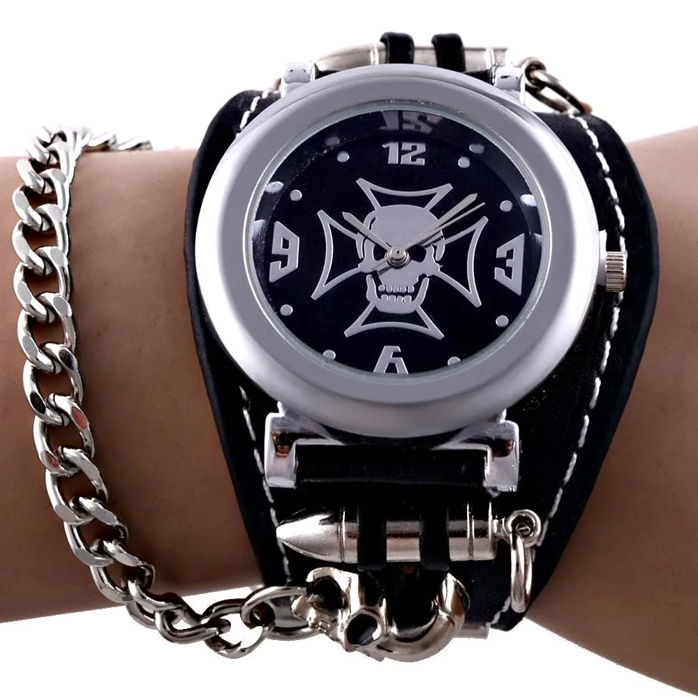 

Hot Sales Brand Copper Skull Leather Watch Men Women Fashion Punk Sports Quartz Wrist Watch