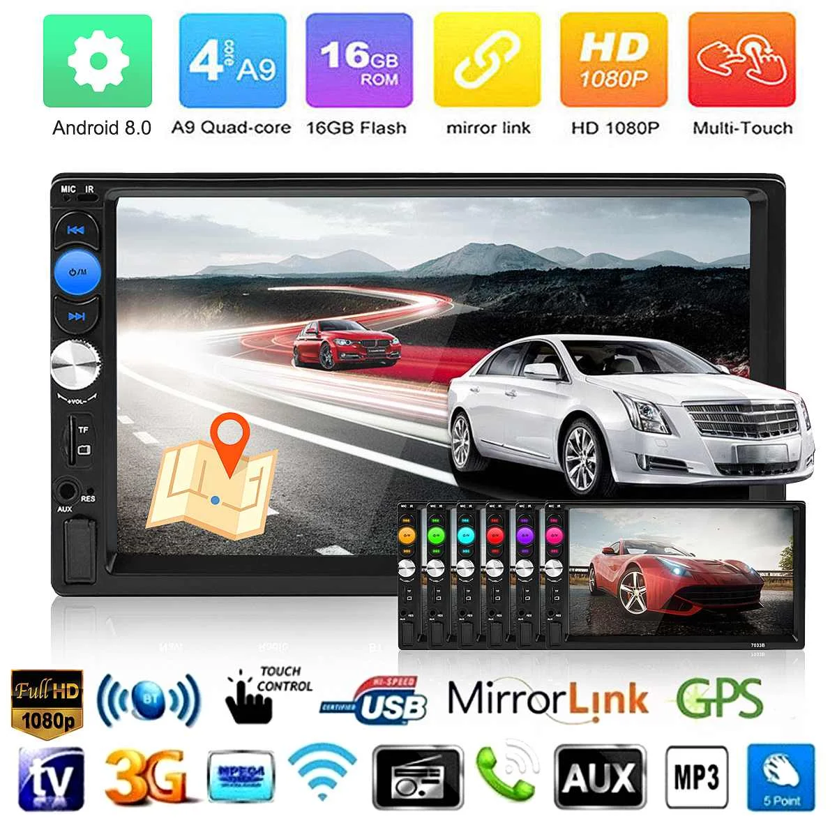 

7 2 Din Quad Core for Android 8.0 Universal Car DVD Player WIFI 3G GPS Navigation Stereo Player bluetooth Radio Indash