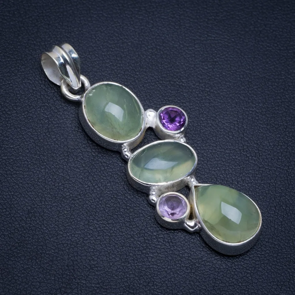 

Natural Prehnite and Amethyst Handmade Unique 925 Sterling Silver Pendant 2" A4541