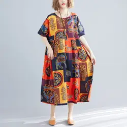 Женское платье с принтом в китайском стиле, большие размеры, свободное платье с круглым вырезом, лето 2019, женское плиссированное платье с
