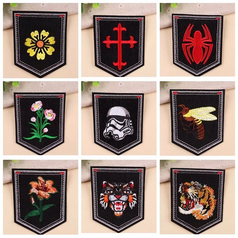 

Fine Black Jeans Pants Pocket Aplliques Sewing On Flower Tiger Star War Patches for Clothes 3D Embroidery Coats Decor
