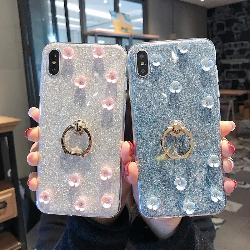 

Fashion Flower Phone Glitter Case For iphone 5 5s SE 6 6S 7 8 X S XS XR Max Plus Soft Silicone Finger Ring Clear Back Cover