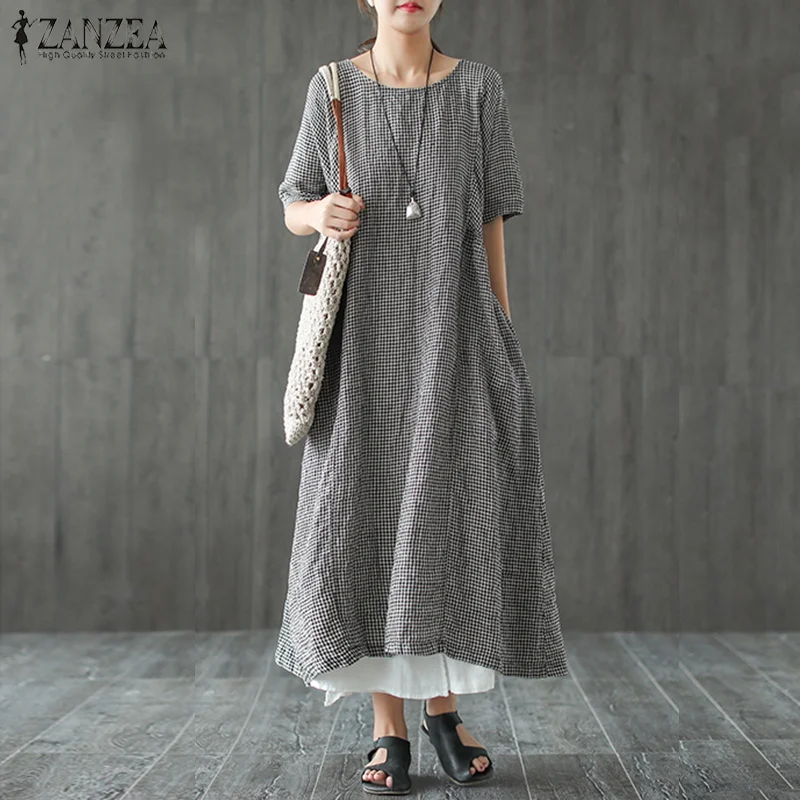 2019 ZANZEA الصيف خمر قصيرة الأكمام فضفاضة قفطان Vestido عارضة منقوشة فحص السيدات يا الرقبة اللباس حزب العمل طويل فستان الشمس