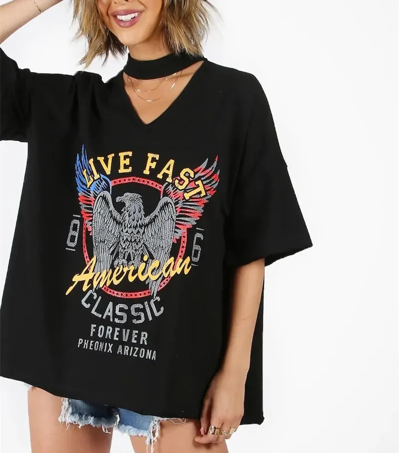 

ZOUHIRC Hot Black Eagle Printed T-shirt Women Causal Loose Tops Shirts Streetwear V-neck Long Female Summer Shirt Tops