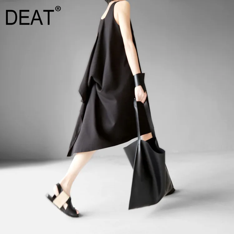 

[DEAT] 2019 New Round Neck Sleeveless Black Irregular Hem Brief Loose Irregular Hem Dress Spring winter Women Fashion Tide JG22