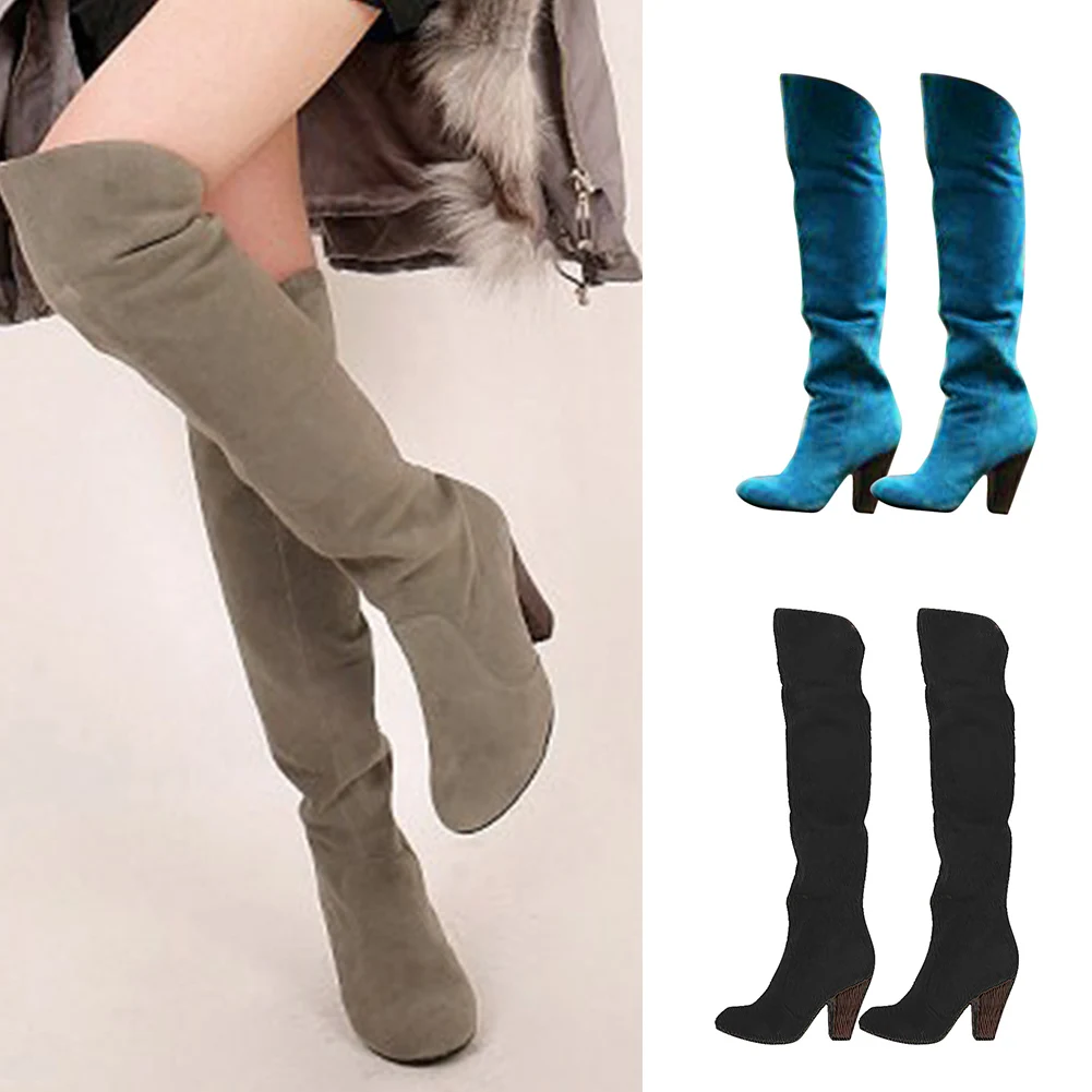 

YJSFG HOUSE 2019 New Flock Leather Knee High Boots Slip On Sexy High Heels Winter Woman shoes Autumn Women Boots Size 35-43