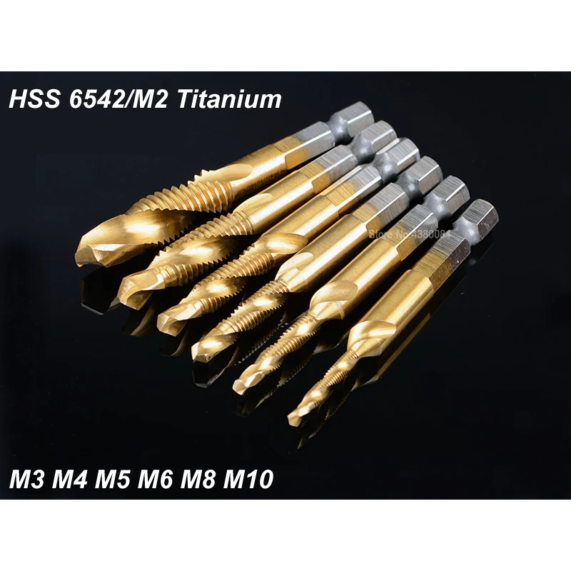 

6Pcs Set HSS Spiral Pointed Complex Taps Titanium M2 Stainless Steel Tapping Chamfering Tool 1/4" Hex Shank Metric M3-M10