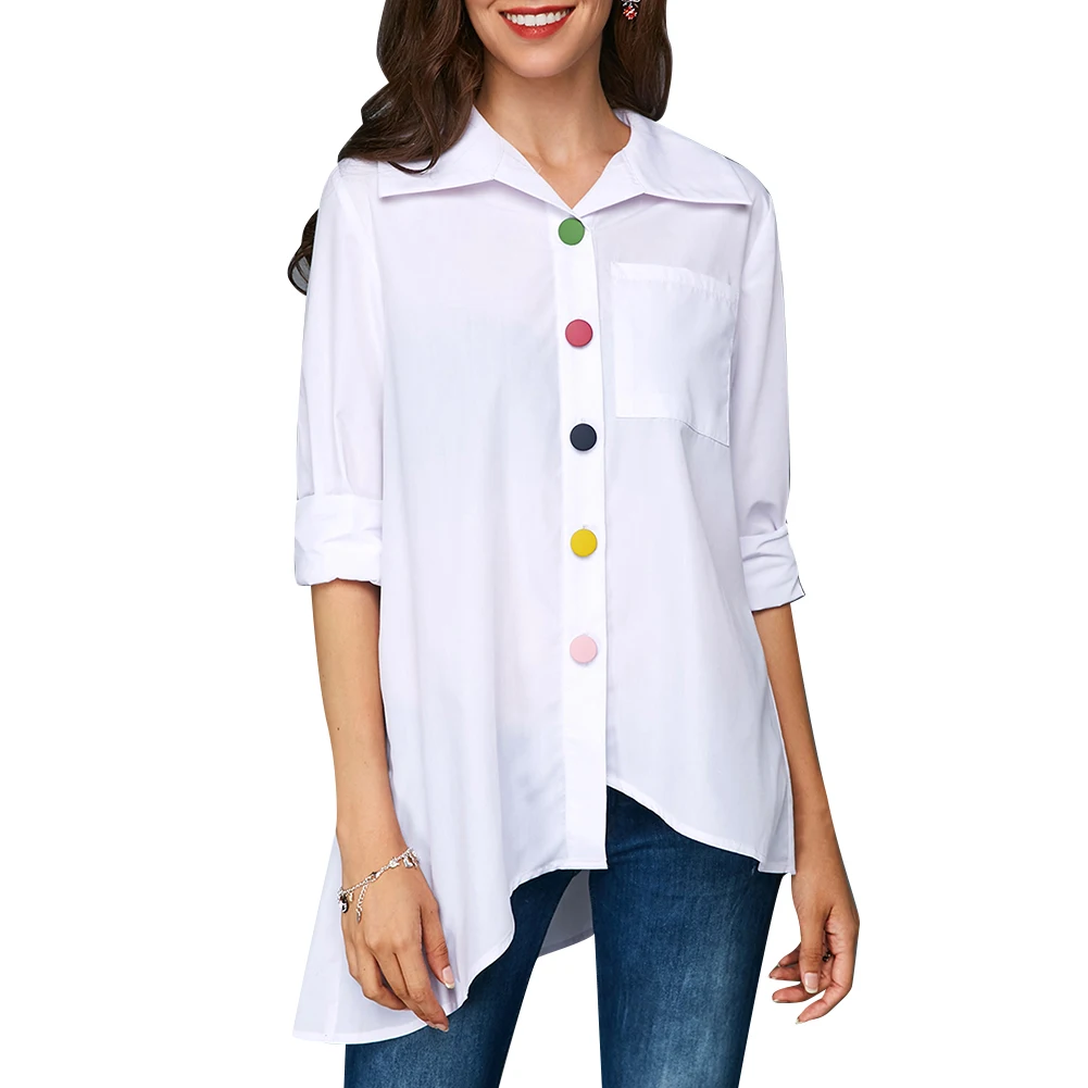

Summer Fashion Women Long Sleeve Shirt Multi-color Turn Down Collar Buttons Shirt Tops Irregular Casual Elegant Lady Blouse Top