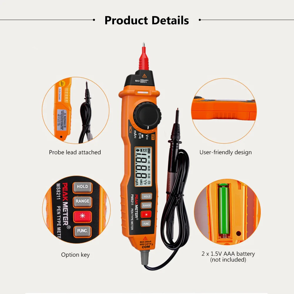 PEAKMETER MS8211 Цифровой мультиметр 2000 отсчетов Ручка Тип с бесконтактным ACV/DCV
