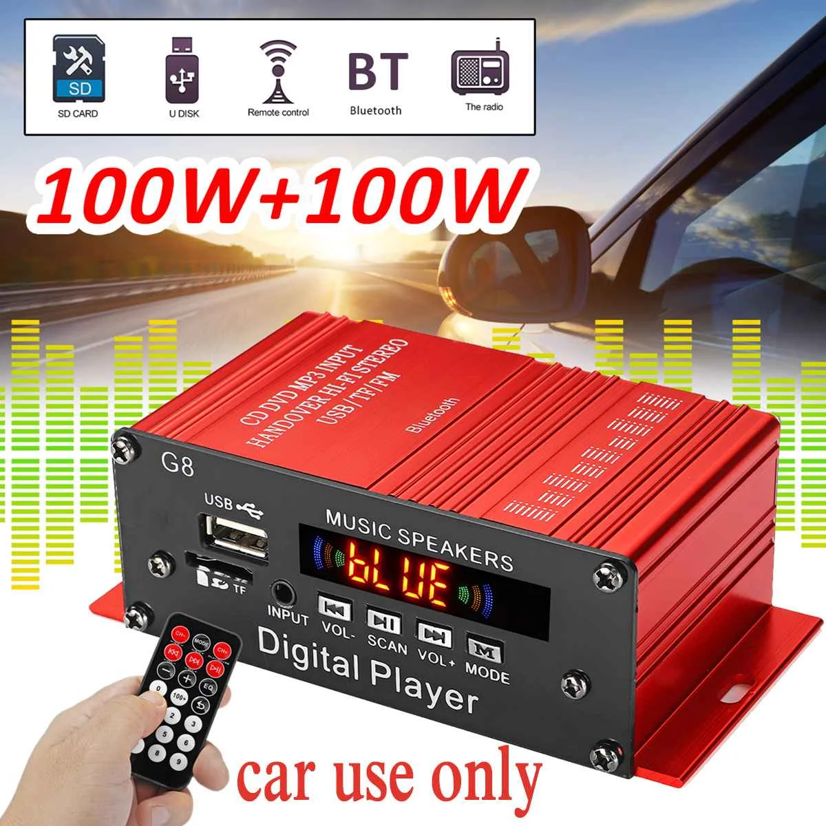 

2 CH 12V Car Amplificador HIFI Audio Power Amplifier bluetooth Stereo Car Amplifiers FM Radio Music Player with Remote Control