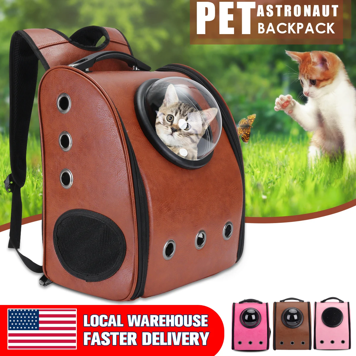 

Dog Cat Pet PU Leather Astronaut Space Capsule Backpack Outdoor Travel Portable Carrier Bag With Transparent Breathable Cover