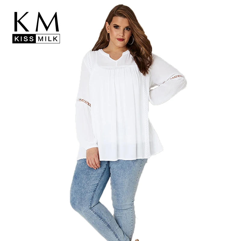

Kissmilk Plus Size Large Size Simple Commuter Lace Ladder Long Sleeve Elastic Cuffs Notched Standing Collar White Shirt
