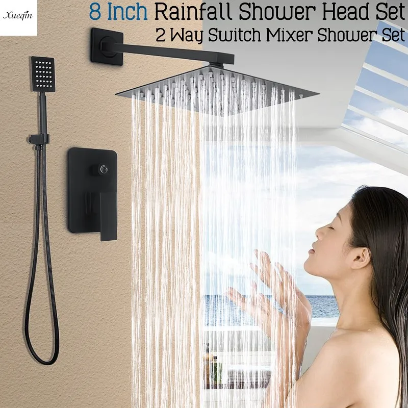 

8 Inch Black Square Rainfall Shower Set Bathroom Rainfall Shower Head Faucet Wall Mounted Mixer Tap Handheld Shower Spray Set