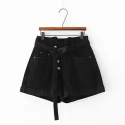 Лидер продаж модные летние высокая талия джинсовые шорты для женщин Винтаж черные пуговицы пояса джинсы для шорты