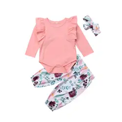 Emmaaby/милые пижамы с цветочным рисунком для новорожденных девочек, одежда из 3 предметов, топ, комбинезон с оборками + штаны, повязка на