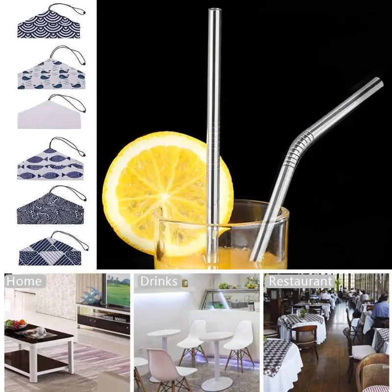 

5pcs/Set Reusable Stainless Steel Straight Bent Straws+Cleaning Brush Set Bar Coffee Milk Drinking Accessories