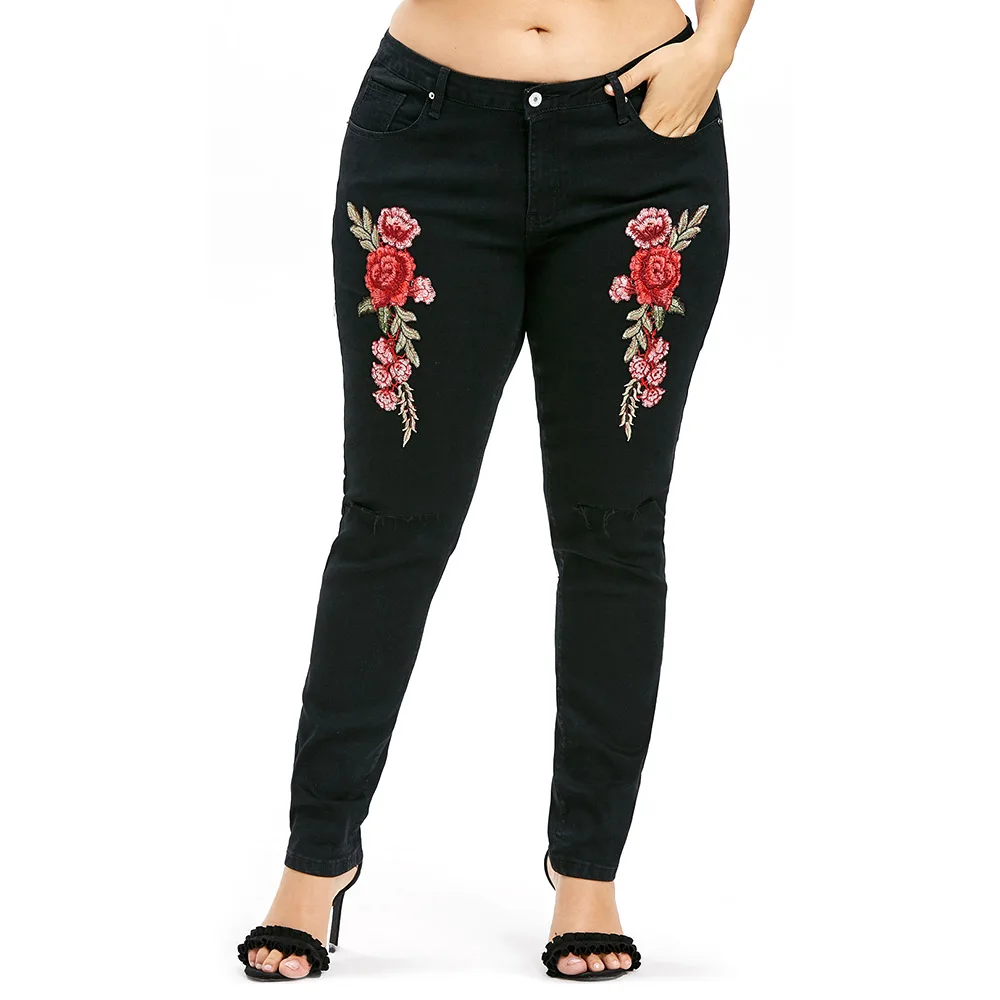 

Rosegal Plus Size Embroidery Ripped Women Jeans Appliques Pencil Pants Black Shredding Cut Five-Pocket Denim Pants Trousers 2019