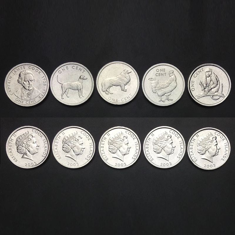 

K-1] Set 5 Coins of Cook Islands, 1 Cent*5, 2003, UNC, Uncirculated, Oceania, Animal, Collection, Gift, 100% Real Genuine Coins