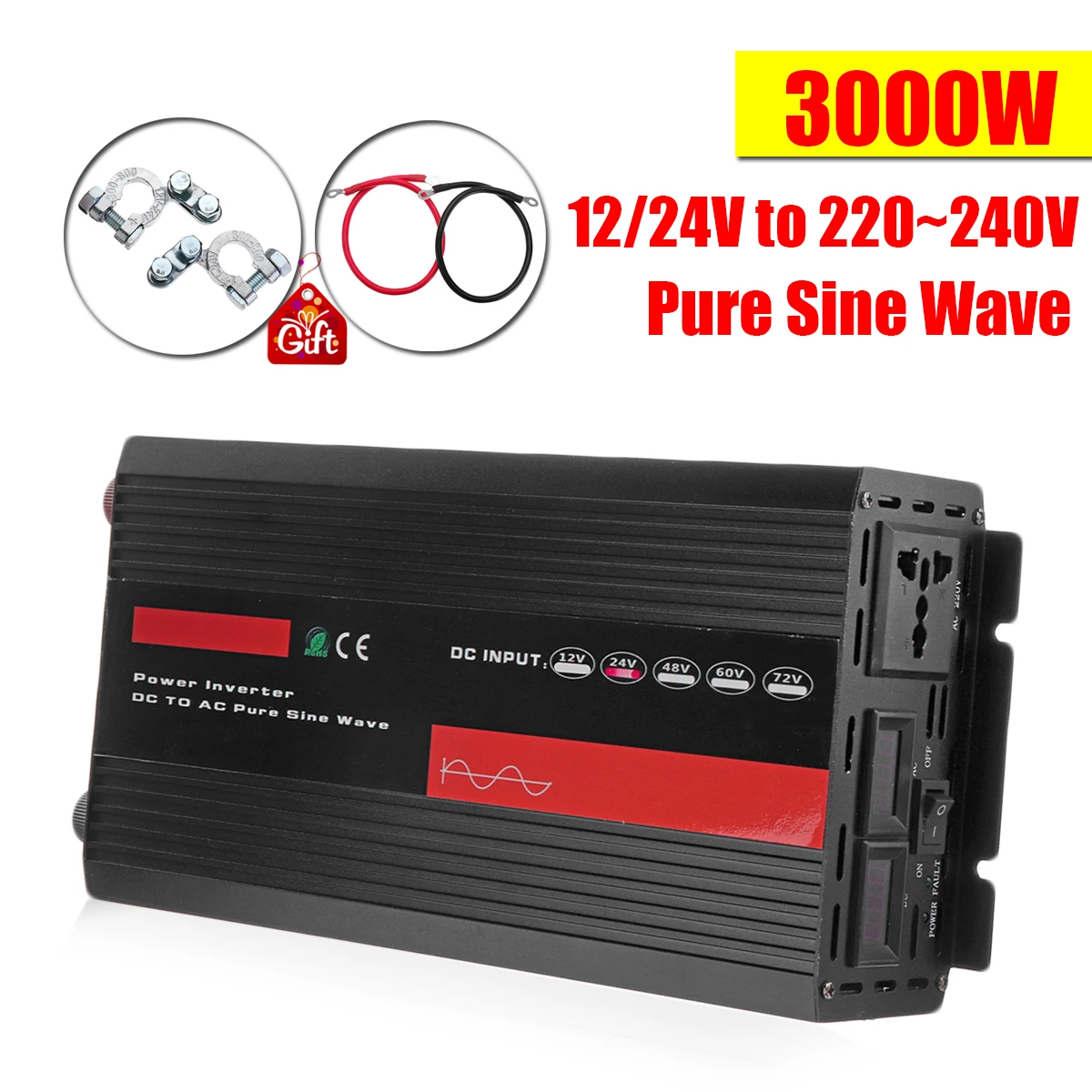 

DC 12V/24V to AC 220-240V P eak 3000W Pure Sine Wave Power Inverter Double LED Display Converter Voltage Transformer Intelligent