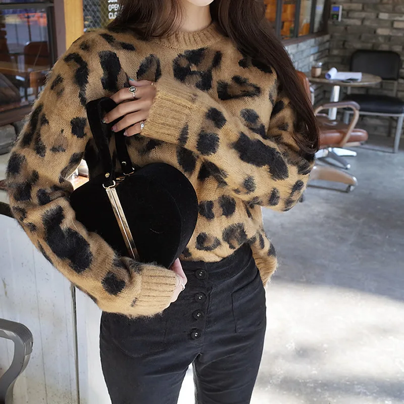 Осенне-зимний свободный длинный вязаный женский свитер с длинным рукавом и круглым вырезом высокого качества с леопардовым принтом, вязаный женский свитер Новинка
