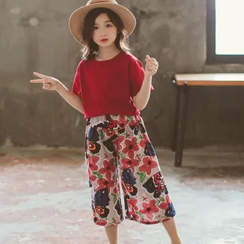 

Summer 2020 Toddler Girl Clothes Kids 2 Pcs Solid T Shirt & Print Floral Knee Length Pants Teenage Girls Clothing Children's Set