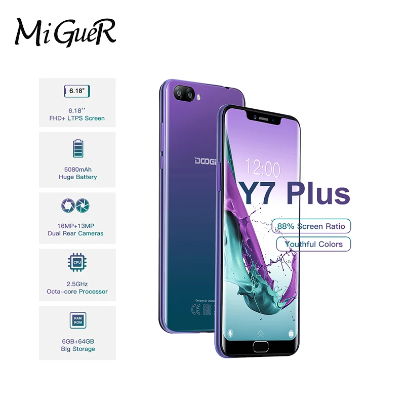 DOOGEE Y7 плюс 6 18 &quot дюймовый Android 8 1 MTK6757 Octa Core 2 5 GHz смартфон ГБ + 64 GB 5080 mAh 16.0MP 8.0MP