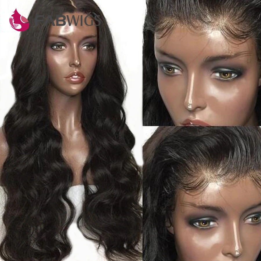 Fabwigs 13x6 глубокая часть фронта шнурка человеческих волос парики предварительно сорванный бразильский объемный волнистый парик шнурка с детскими волосами черный для женщин