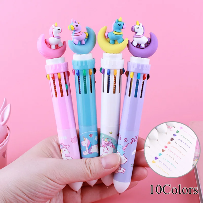 

0.5mm Kawaii Unicorn Ballpoint Pen 10 colors in 1 Silicone Press Ball Pen Girls Writing Gifts Office School Stationery Supplies