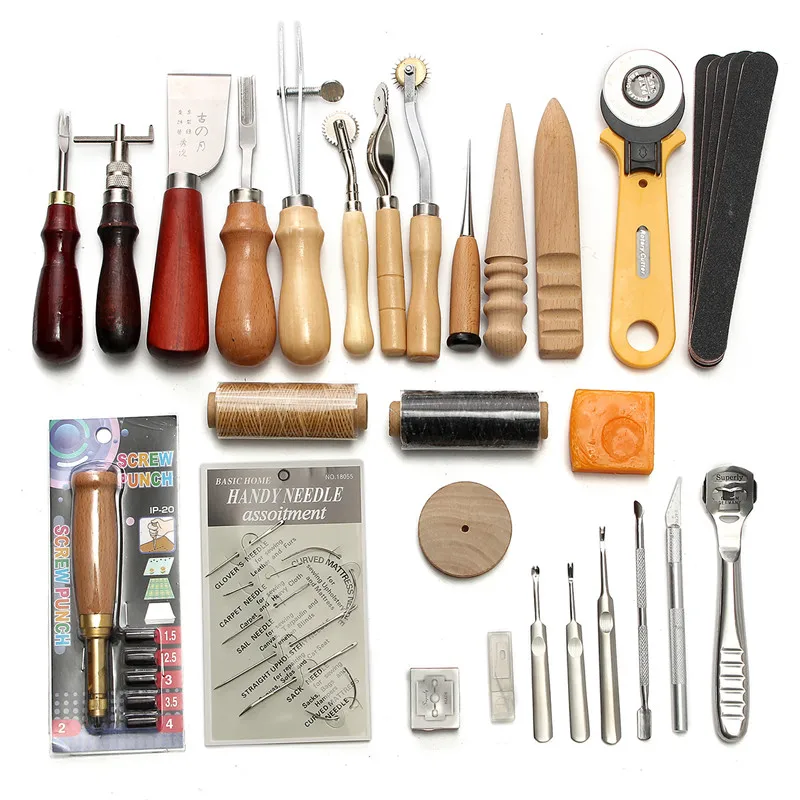 

37Pcs Leather Craft Tools Kit Hand Sewing Professional Stitching Punch Carving Work Saddle Leathercraft Set