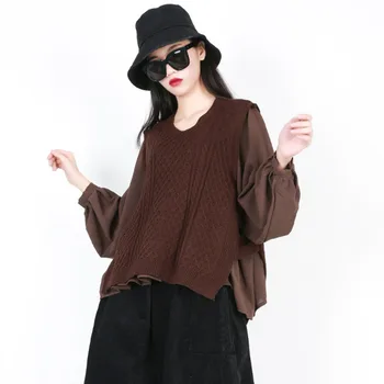 

#1045 2019 Spring Fake Two Piece High Street Personality Round Neck Plus Size Loose Womens Tops And Blouses Spliced Knitted
