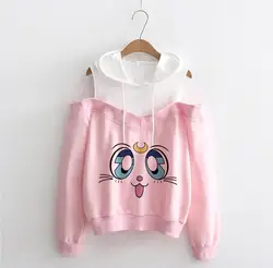 Новый Сейлор свитшот с Луной Kawaii одежда Топы женские худи Harajuku Сейлор Мун кошка рубашка с открытыми плечами толстовка Femme для девочек