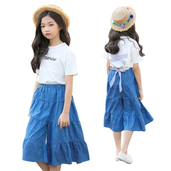 

Summer Girls Clothing Sets 2019 Kids Clothes Set Cotton Big Bowknot Blouse+Loose Denim Pants 2PCS Outfits Age 6 8 10 12 14 Yrs