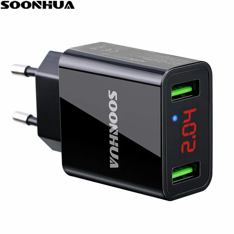 

SOONHUA Digital Display 2-USB Phone Charger Smart Fast Charging 2.2A Output Current EU/US Plug For iPhone iPad Samsung Xiaomi