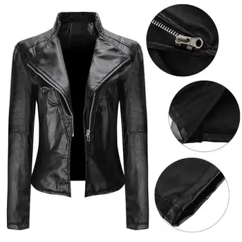 

Casual Women Stand Collar Basic Jackets Faux Leather Classic Zipper Coat