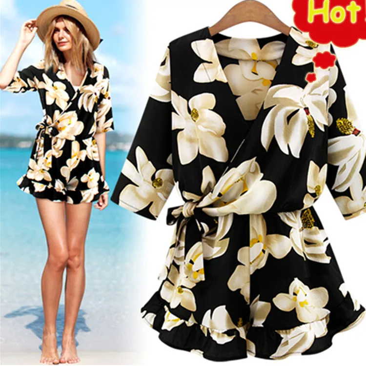 New Large Size Women's Chiffon Print V Neck Middle Sleeve Jumpsuit Fashion Trousers Skirt Loose Shorts Rompers Women G3 | Женская