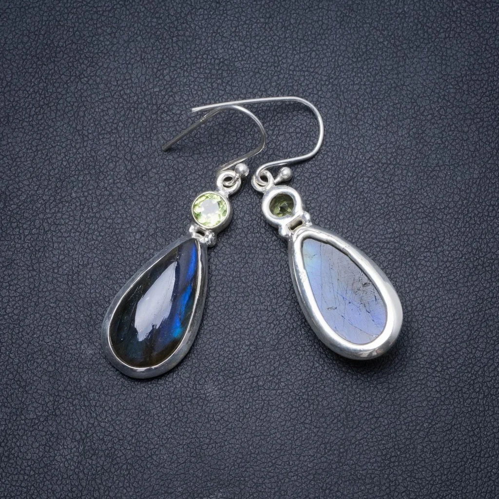 

Natural Blue Fire Labradorite and Peridot Handmade Unique 925 Sterling Silver Earrings 1.75" Y1626