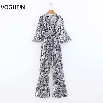 

VOGUEIN New Womens V-Neck Animal Snake Pattern Print Flare Sleeve Jumpsuit Playsuit Wholesale