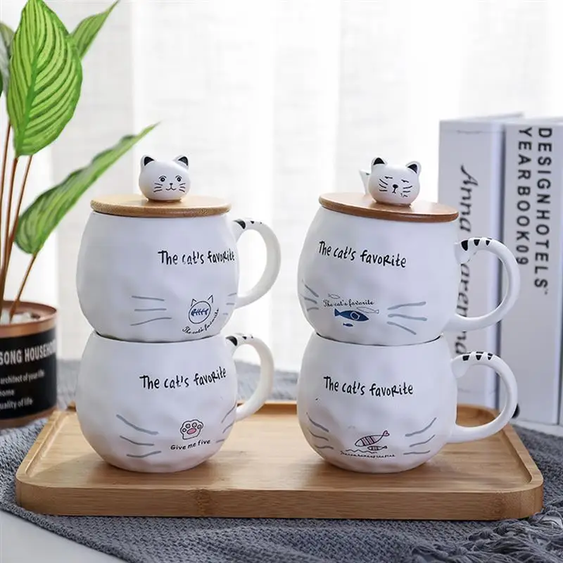 

Creative Cat Coffee Mug Water Cup With Wood Lid and Spoon Lovely Animal Fish Ceramic Mug Tea Milk Cartoon Coffee Cup 480ml