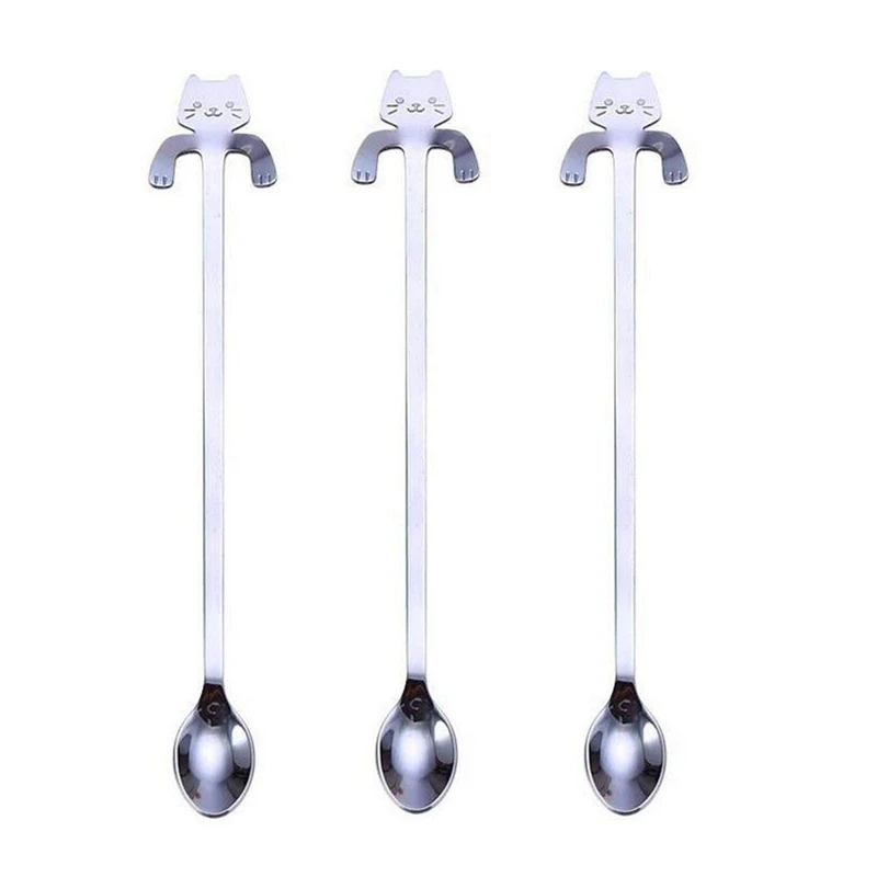 New-3-Pcs Lovely Cat Long Handle Hanging Spoons Stainless Steel Ice Tea Coffee (7.8-Inch In Length) | Дом и сад