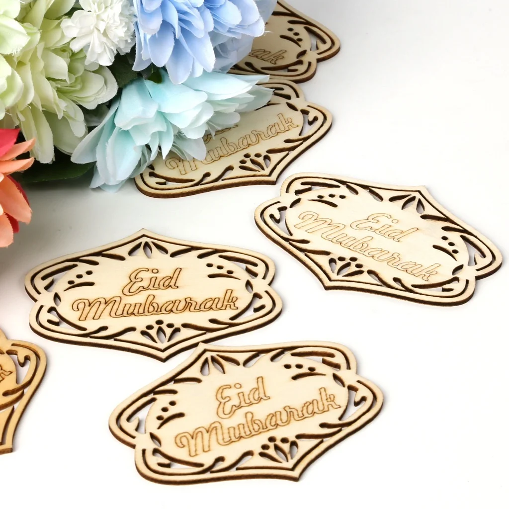 

10 PCS/Set DIY Eid Moubarak Muslim Home Decoration Ramadan Decor Pendant Wooden Hollow Ornament Craft Activities Gifts with Rope