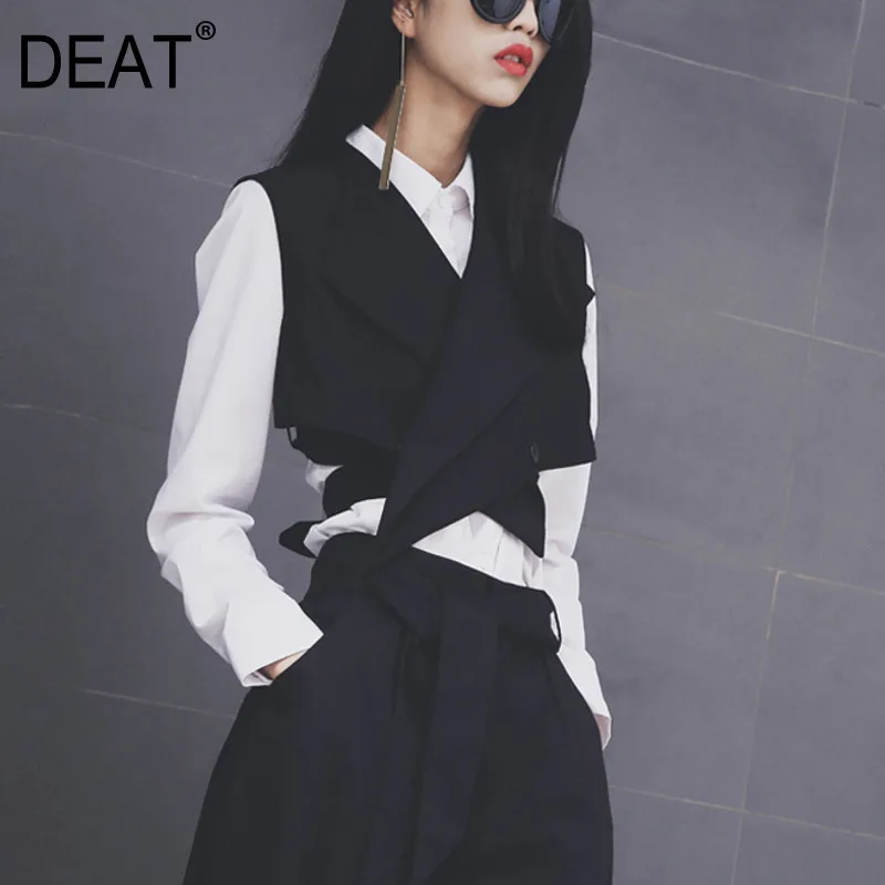 

DEAT New 2020 European Fashion Women Solid Black Vest Sashes Sleeveless Button Women Waistcoat Free Size Vest WD81201
