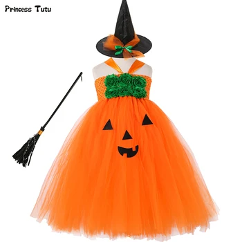 

Autumn Pumpkin Tutu Dress Orange Green Flower Princess Dress Kids Halloween Costumes for Girls Fancy Tulle Dress Party Clothes