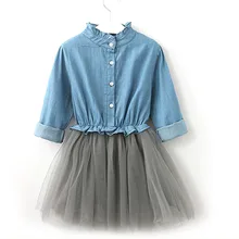 New Spring Autumn Baby Girls Dress Denim Mesh Patchwork Princess Girl Dress Long Sleeve Toddler Kids Dresses For Girls