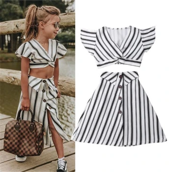 

bbay girl summer 2pcs clothes set Baby toddler Girls Striped Crop Tops Skirt Dress Sundress 2pcs
