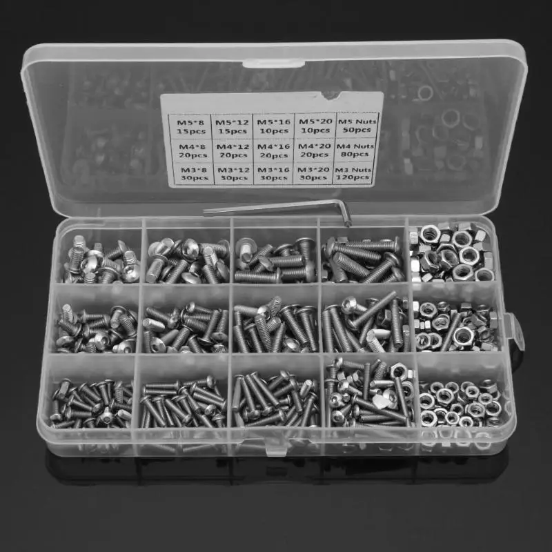 

500pcs M3 M4 M5 304 Stainless Steel Hex Socket Button Head Bolts Screws Nuts Kit Hexagonal Countersunk Screws Flat Head Screw