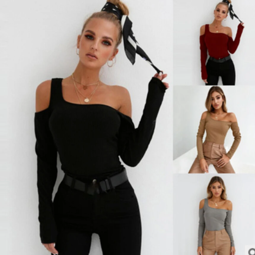 

Off Should T Shirt Long Sleeve Pure Casual Tops T Shirt Women Ladies One Shoulder Autumn Bodycon Slim Solid Tshirt S M L XL