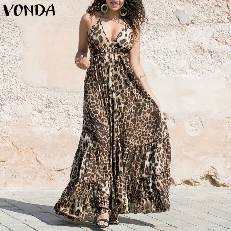 

VONDA Women Sexy Leopard Dress Spaghetti Strap Ruffle Swings Maxi Long Dress Plus Size 2019 Summer Sleeveless Party Vestido