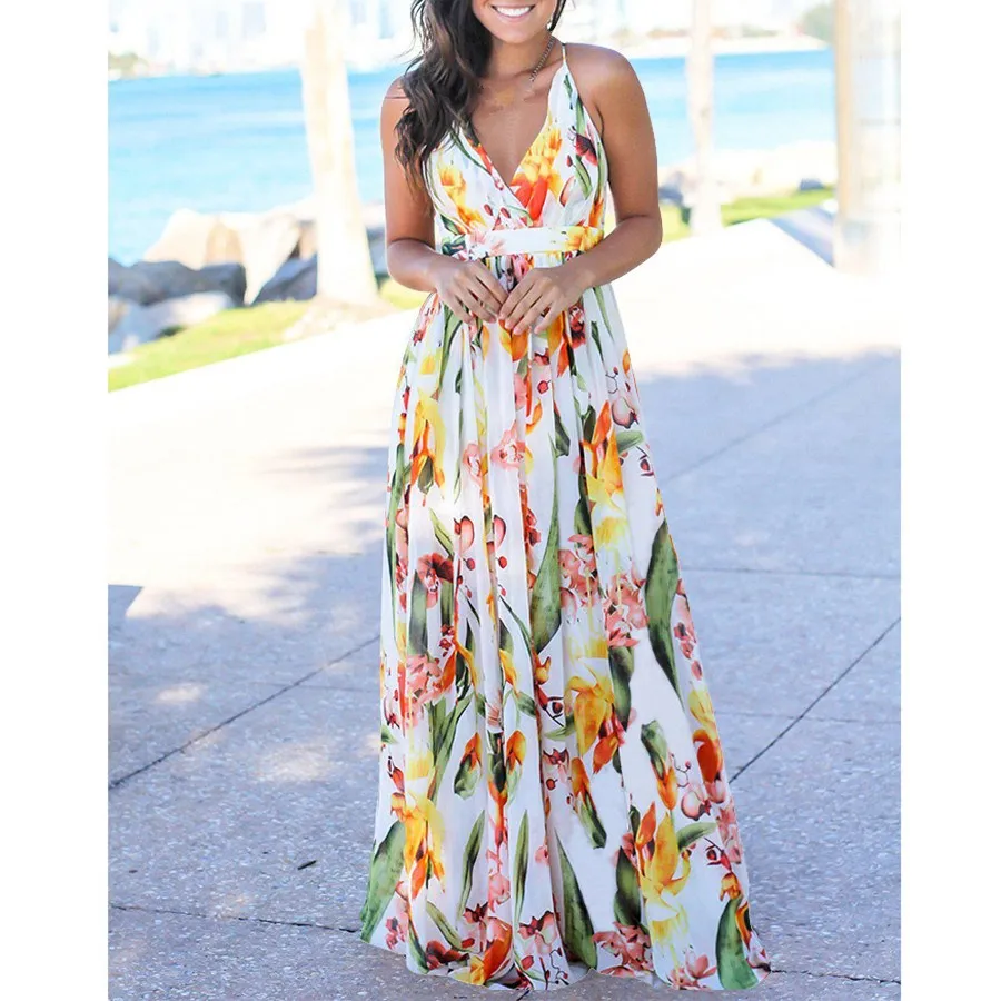 

2019 New Floral Print Party Long Dress Women Summer Sexy V-Neck Spaghetti Strap Dress A-Line Beach Bohemian Dresses
