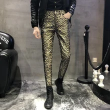 Осенние мужские повседневные брюки, облегающие брюки из искусственной кожи для мужчин, брюки, мужские золотые узкие брюки, уличная одежда